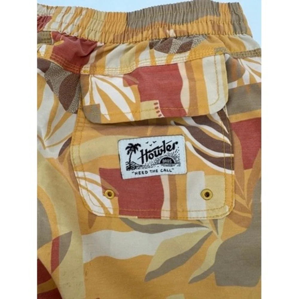 Howler Brothers Board Shorts Mens 35 Yellow Abstract Botanical Surf Swim Trunks